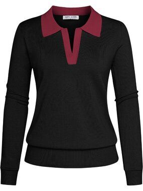 Kate Kasin Women Black Wine Red V Neck Long Sleeve Classic Knitted Polo Sweaters